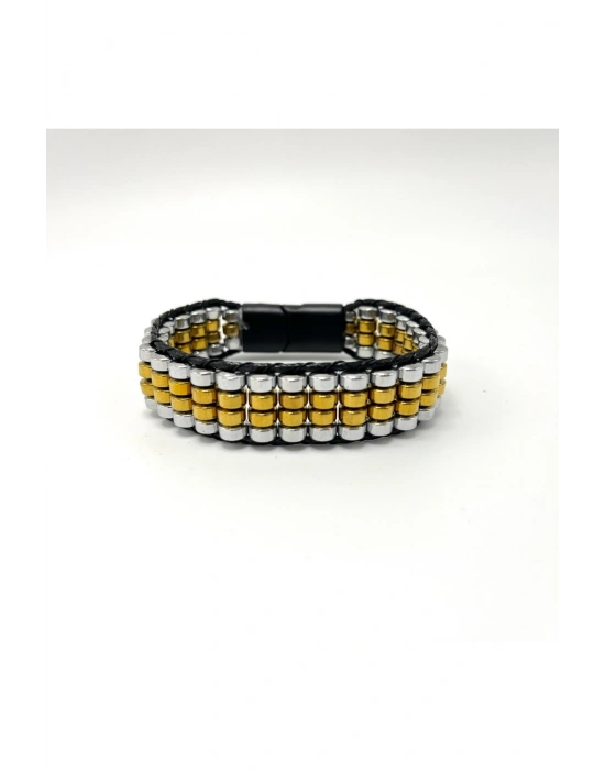 Sertifikalı Hematit Doğal Taş Tasarım Erkek Bileklik Gümüş ve Gold Renk
