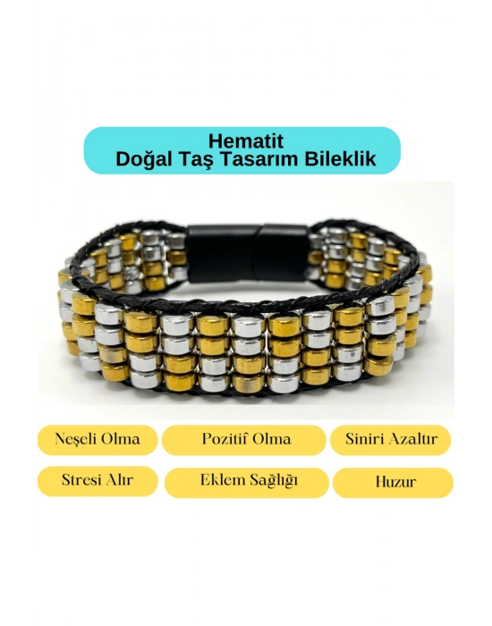 Sertifikalı Hematit Doğal Taş Tasarım Erkek Bileklik Gümüş ve Gold Renk 2li Dizim