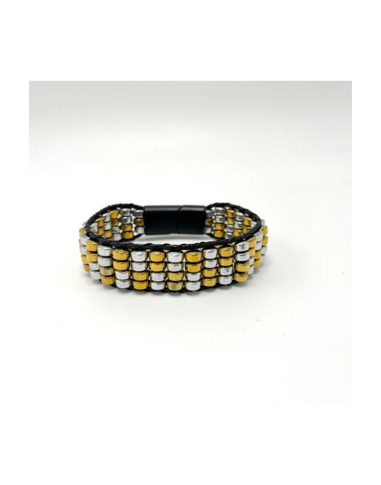 Sertifikalı Hematit Doğal Taş Tasarım Erkek Bileklik Gümüş ve Gold Renk 2li Dizim