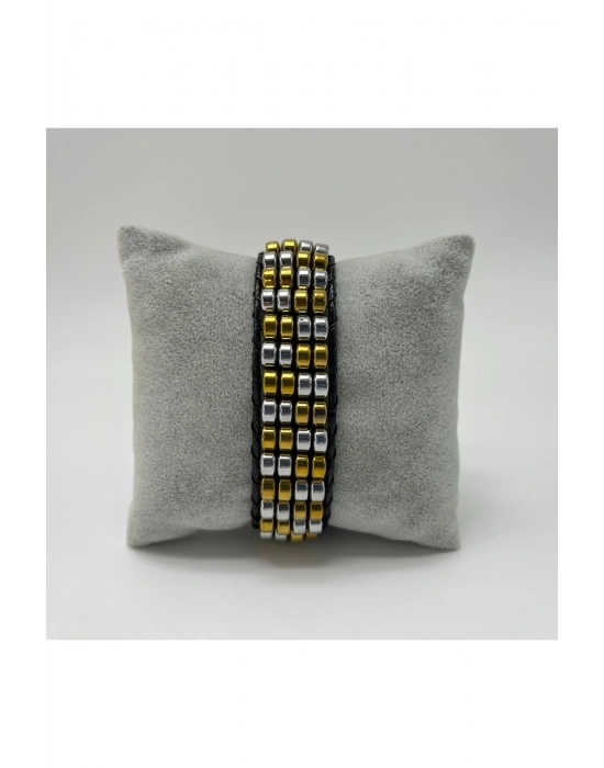 Sertifikalı Hematit Doğal Taş Tasarım Erkek Bileklik Gümüş ve Gold Renk 2li Dizim