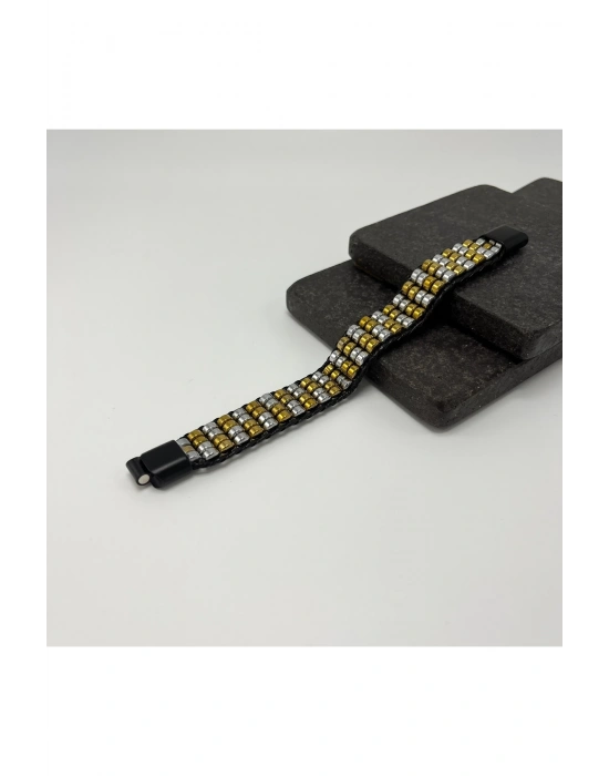 Sertifikalı Hematit Doğal Taş Tasarım Erkek Bileklik Gümüş ve Gold Renk 2li Dizim