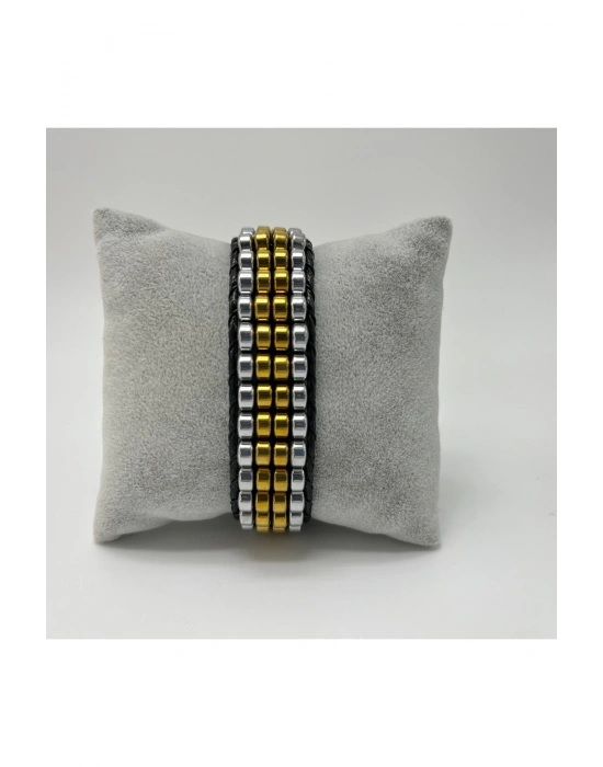 Sertifikalı Hematit Doğal Taş Tasarım Erkek Bileklik Gümüş ve Gold Renk