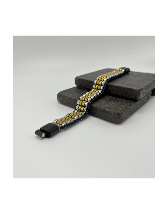 Sertifikalı Hematit Doğal Taş Tasarım Erkek Bileklik Gümüş ve Gold Renk