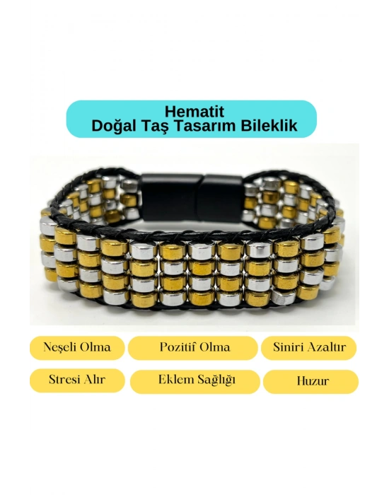 Sertifikalı Hematit Doğal Taş Tasarım Erkek Bileklik Gümüş ve Gold Renk Tekli Dizim