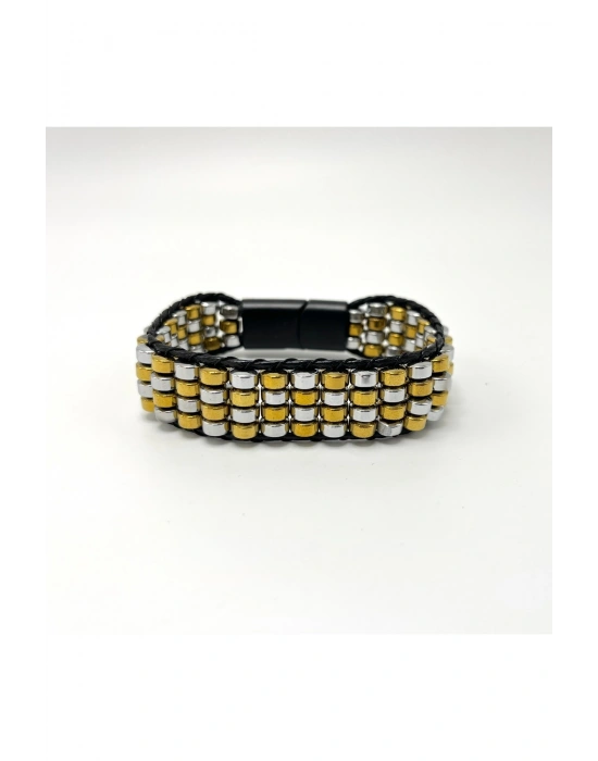 Sertifikalı Hematit Doğal Taş Tasarım Erkek Bileklik Gümüş ve Gold Renk Tekli Dizim