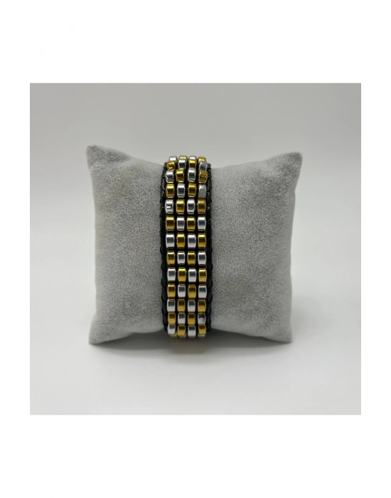 Sertifikalı Hematit Doğal Taş Tasarım Erkek Bileklik Gümüş ve Gold Renk Tekli Dizim