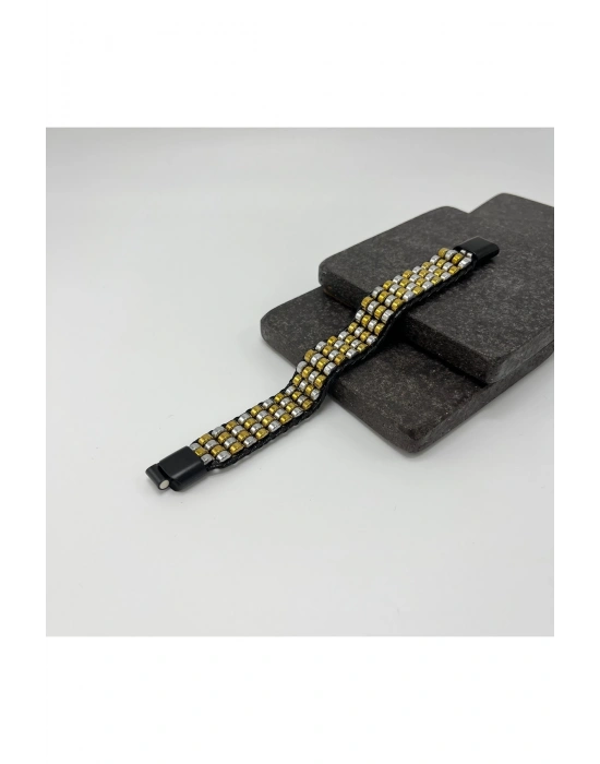 Sertifikalı Hematit Doğal Taş Tasarım Erkek Bileklik Gümüş ve Gold Renk Tekli Dizim