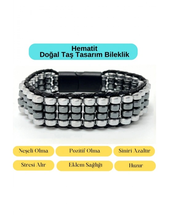 Sertifikalı Hematit Doğal Taş Tasarım Erkek Bileklik Gümüş ve Siyah Renk