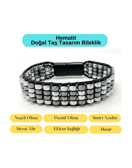Sertifikalı Hematit Doğal Taş Tasarım Erkek Bileklik Gümüş ve Siyah Renk 2li Asimetrik Dizim