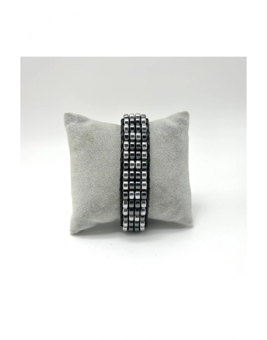Sertifikalı Hematit Doğal Taş Tasarım Erkek Bileklik Gümüş ve Siyah Renk 2li Asimetrik Dizim