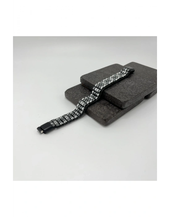 Sertifikalı Hematit Doğal Taş Tasarım Erkek Bileklik Gümüş ve Siyah Renk 2li Asimetrik Dizim