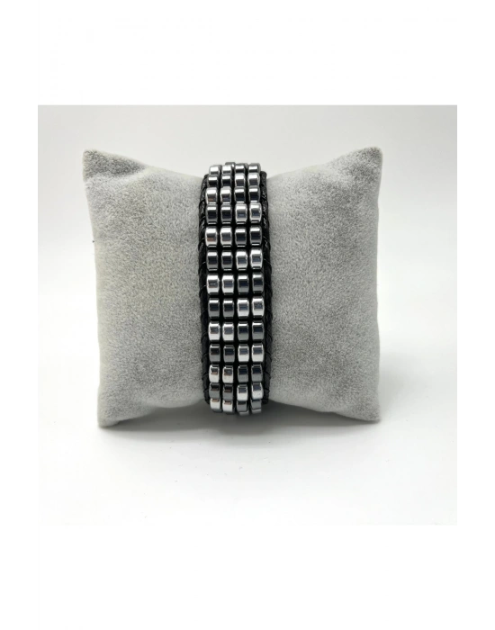 Sertifikalı Hematit Doğal Taş Tasarım Erkek Bileklik Gümüş ve Siyah Renk 2li Dizim