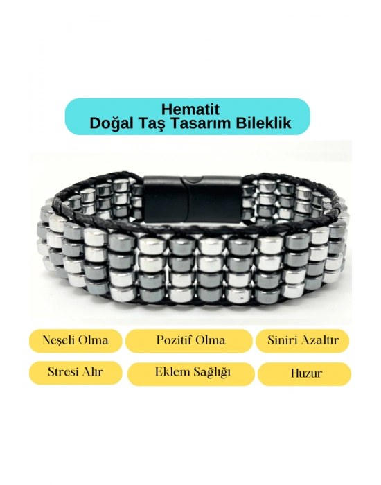 Sertifikalı Hematit Doğal Taş Tasarım Erkek Bileklik Gümüş ve Siyah Renk 2li Dizim