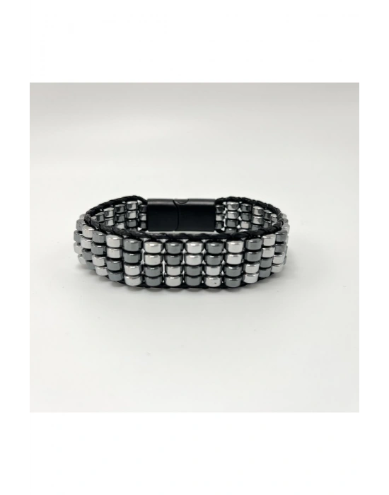 Sertifikalı Hematit Doğal Taş Tasarım Erkek Bileklik Gümüş ve Siyah Renk 2li Dizim