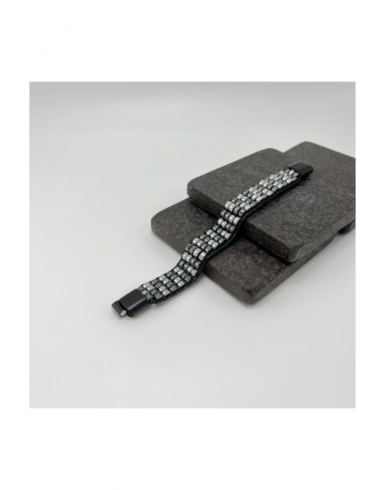 Sertifikalı Hematit Doğal Taş Tasarım Erkek Bileklik Gümüş ve Siyah Renk 2li Dizim