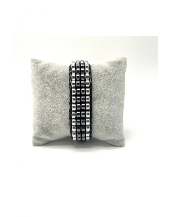 Sertifikalı Hematit Doğal Taş Tasarım Erkek Bileklik Gümüş ve Siyah Renk