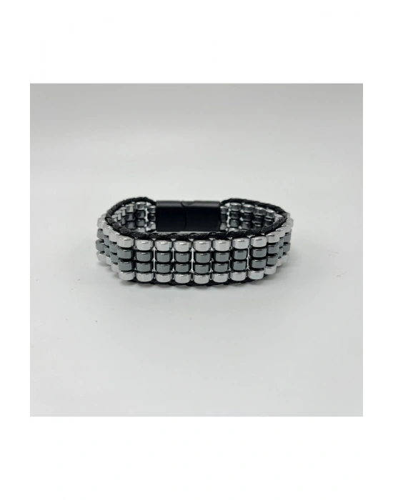 Sertifikalı Hematit Doğal Taş Tasarım Erkek Bileklik Gümüş ve Siyah Renk