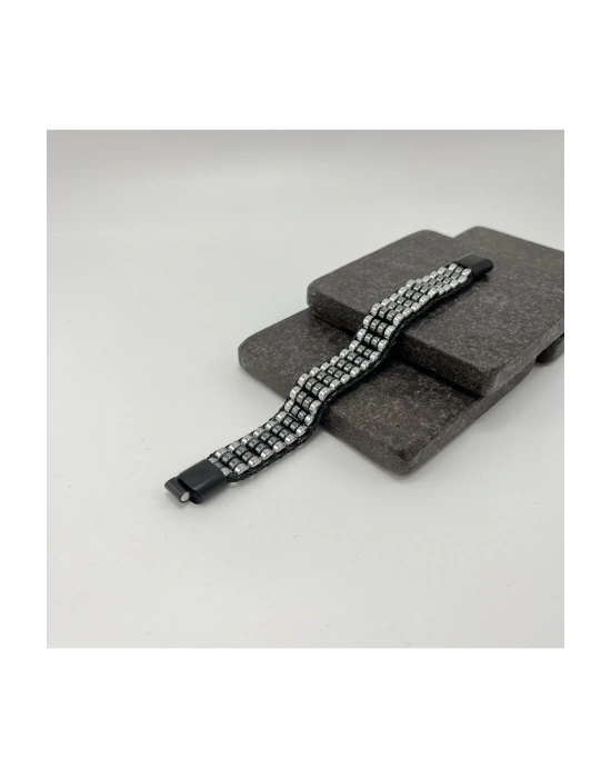 Sertifikalı Hematit Doğal Taş Tasarım Erkek Bileklik Gümüş ve Siyah Renk