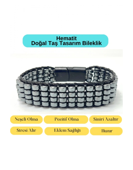 Sertifikalı Hematit Doğal Taş Tasarım Erkek Bileklik Siyah Renk