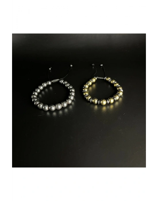 SERTİFİKALI  Hematit GOLD VE SİYAH Renk 2li Kombin Makrome Doğal Taş Bileklik 8mm