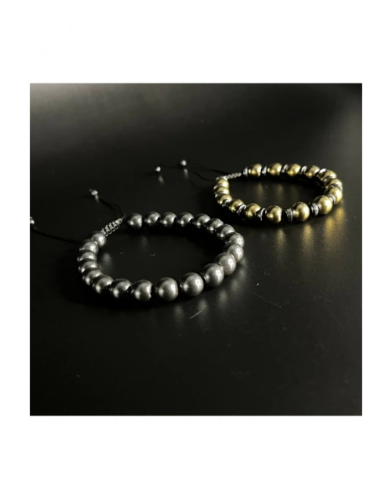 SERTİFİKALI  Hematit GOLD VE SİYAH Renk 2li Kombin Makrome Doğal Taş Bileklik 8mm
