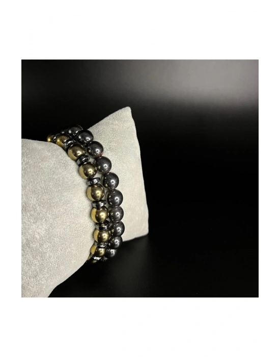 SERTİFİKALI  Hematit GOLD VE SİYAH Renk 2li Kombin Makrome Doğal Taş Bileklik 8mm