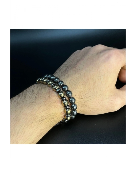 SERTİFİKALI  Hematit GOLD VE SİYAH Renk 2li Kombin Makrome Doğal Taş Bileklik 8mm