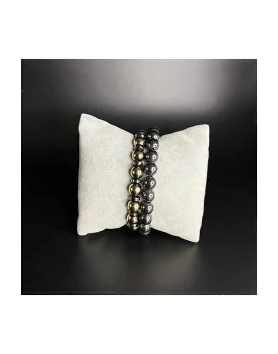SERTİFİKALI  Hematit GOLD VE SİYAH Renk 2li Kombin Makrome Doğal Taş Bileklik 8mm