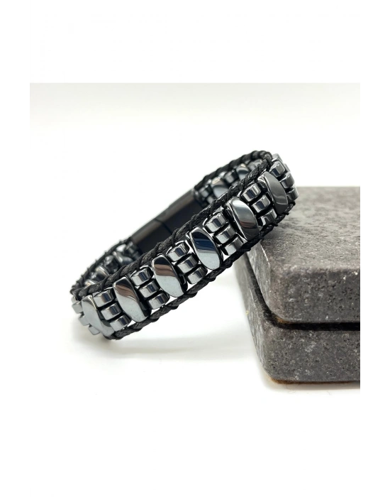 Sertifikalı Hematit Kilitli Doğal Taş Deri Erkek Bileklik Burgu ve Disk Kesim