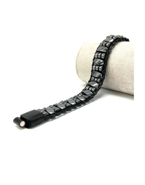 Sertifikalı Hematit Kilitli Doğal Taş Deri Erkek Bileklik Burgu ve Disk Kesim