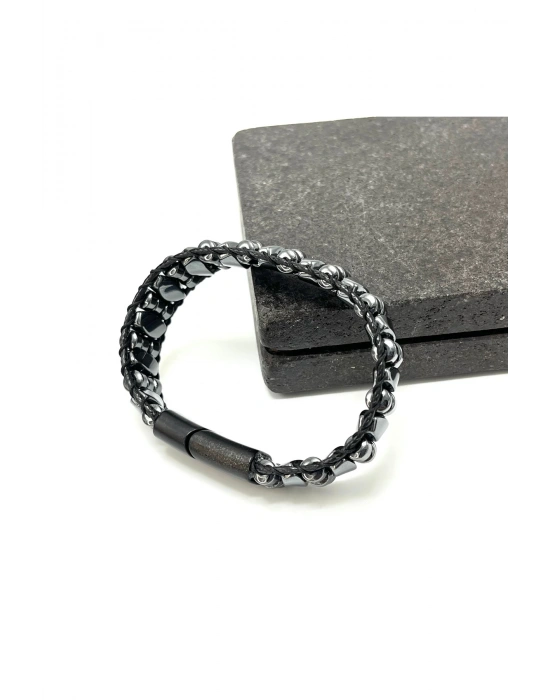 Sertifikalı Hematit Kilitli Doğal Taş Deri Erkek Bileklik Burgu ve Disk Kesim