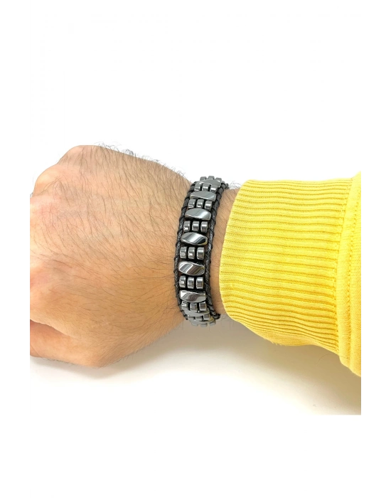 Sertifikalı Hematit Kilitli Doğal Taş Deri Erkek Bileklik Burgu ve Disk Kesim