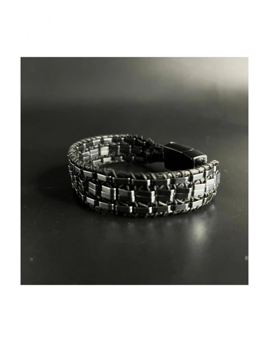 SERTİFİKALI Hematit Özel Tasarım Deri Doğal Taş Bileklik