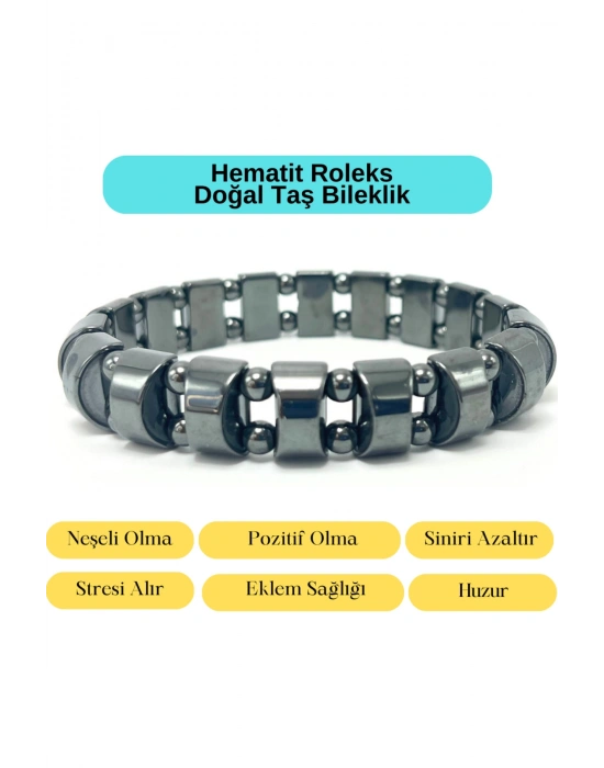 Sertifikalı Hematit Roleks Kesim ve 6mm Doğal Taş Bileklik
