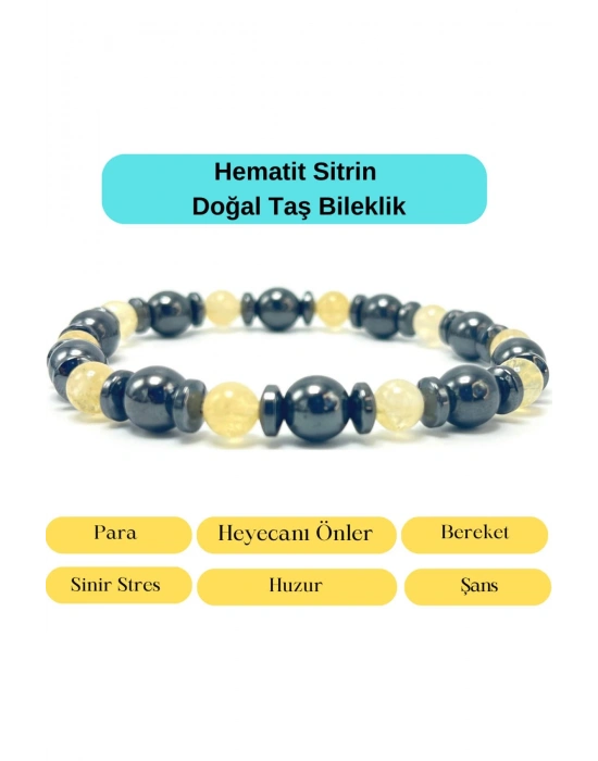 Sertifikalı Hematit Sitrin Doğal Taş Elastik Misinalı Bileklik 8mm