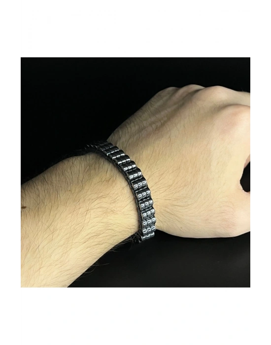 SERTİFİKALI Hematit Taşı Şık Erkek Siyah Doğal Taş Bileklik Mıknatıslı ve Kilitli Kapama