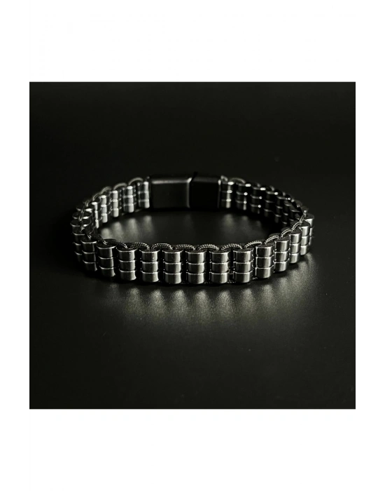 SERTİFİKALI Hematit Taşı Şık Erkek Siyah Doğal Taş Bileklik Mıknatıslı ve Kilitli Kapama