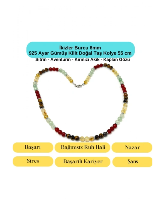 SERTİFİKALI İkizler Burcu 6mm 925 Ayar Gümüş Doğal Taş Kolye 55 cm