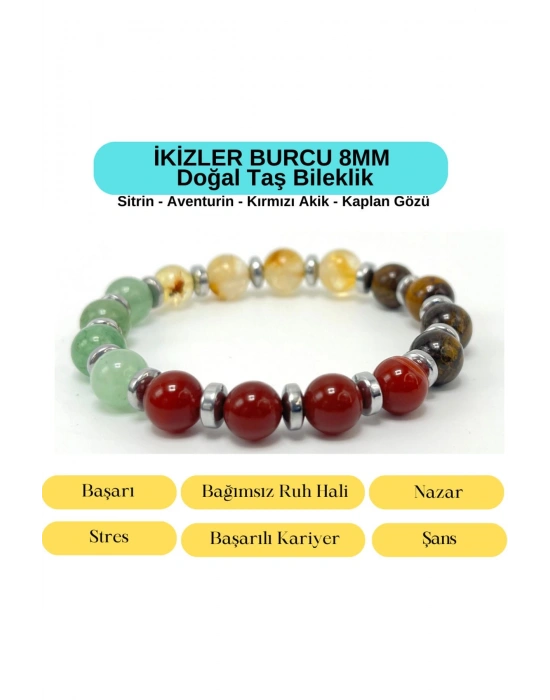 Sertifikalı İkizler Burcu 8mm 33lük Doğal Taş Bileklik