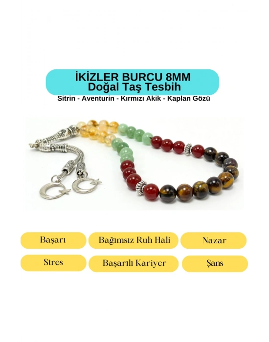 Sertifikalı İkizler Burcu 8mm 33lük Doğal Taş Tesbih