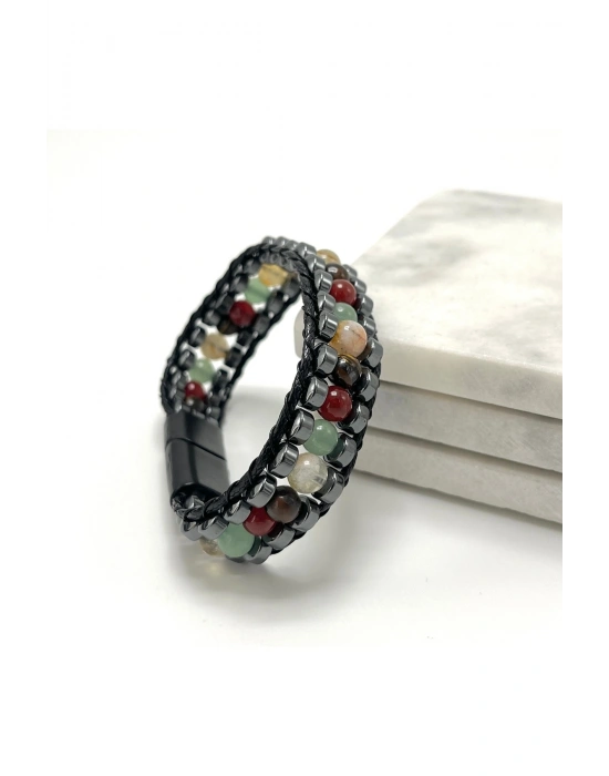 SERTİFİKALI İkizler Burcu Disk Model Doğal Taş Erkek Bileklik Mıknatıslı Kilit