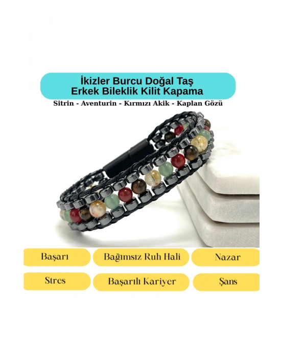 SERTİFİKALI İkizler Burcu Disk Model Doğal Taş Erkek Bileklik Mıknatıslı Kilit