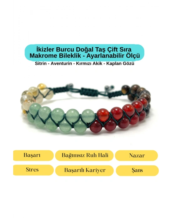 SERTİFİKALI İkizler Burcu Doğal Taş Çift Sıra Makrome Bileklik