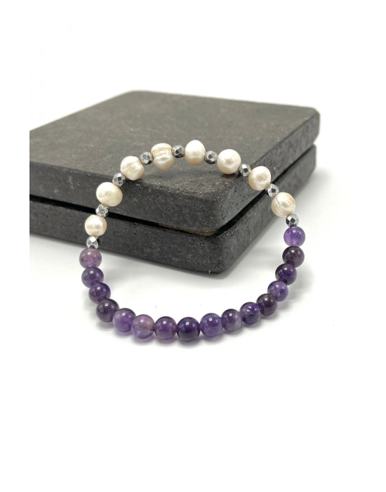 SERTİFİKALI İnci - Ametist 6mm Doğal Taş Misinalı Bileklik