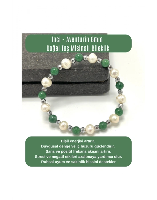 SERTİFİKALI İnci - Aventurin 6mm Doğal Taş Misinalı Bileklik
