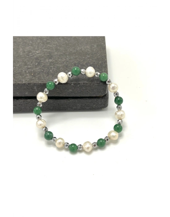 SERTİFİKALI İnci - Aventurin 6mm Doğal Taş Misinalı Bileklik
