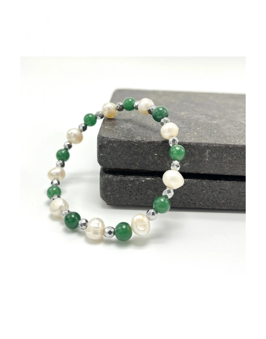 SERTİFİKALI İnci - Aventurin 6mm Doğal Taş Misinalı Bileklik