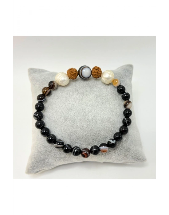 Sertifikalı İnci - Göz Akik - Rudrashka Doğal Taş Kadın Bileklik Misinalı