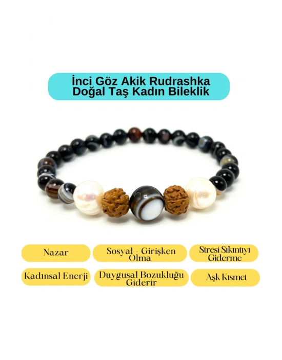 Sertifikalı İnci - Göz Akik - Rudrashka Doğal Taş Kadın Bileklik Misinalı