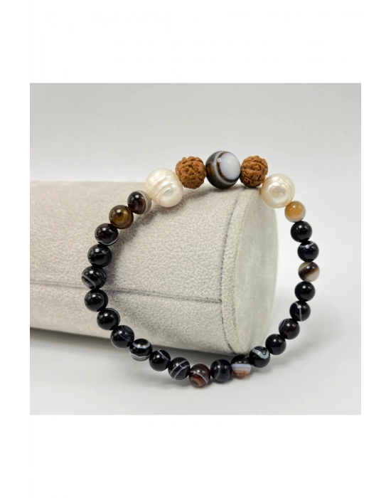 Sertifikalı İnci - Göz Akik - Rudrashka Doğal Taş Kadın Bileklik Misinalı